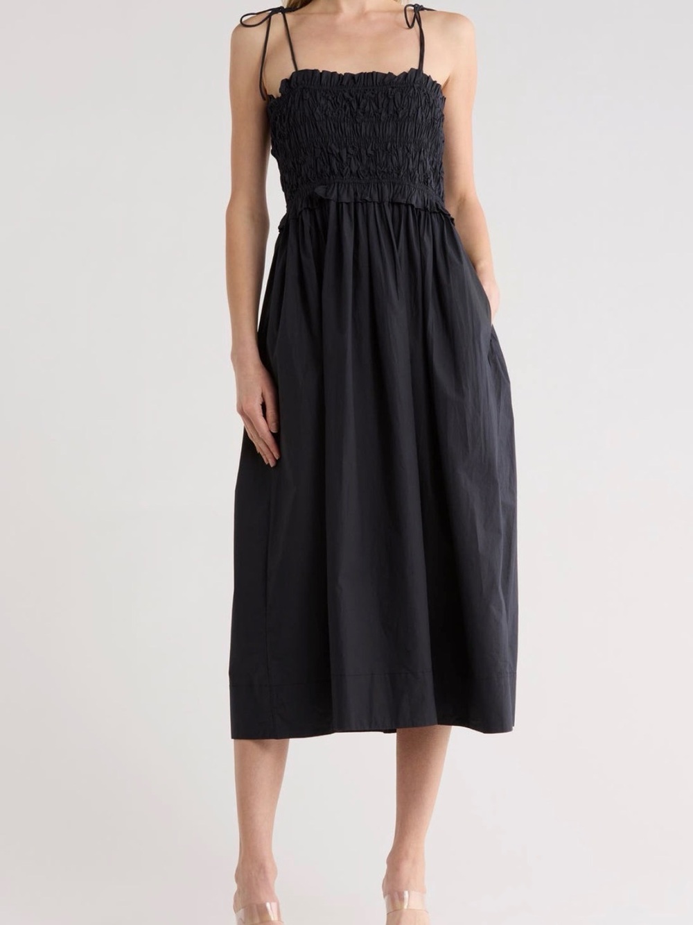 Ulla Johnson NWT - SZ 6 - Black Smocked Midi Sundress with Tie Straps